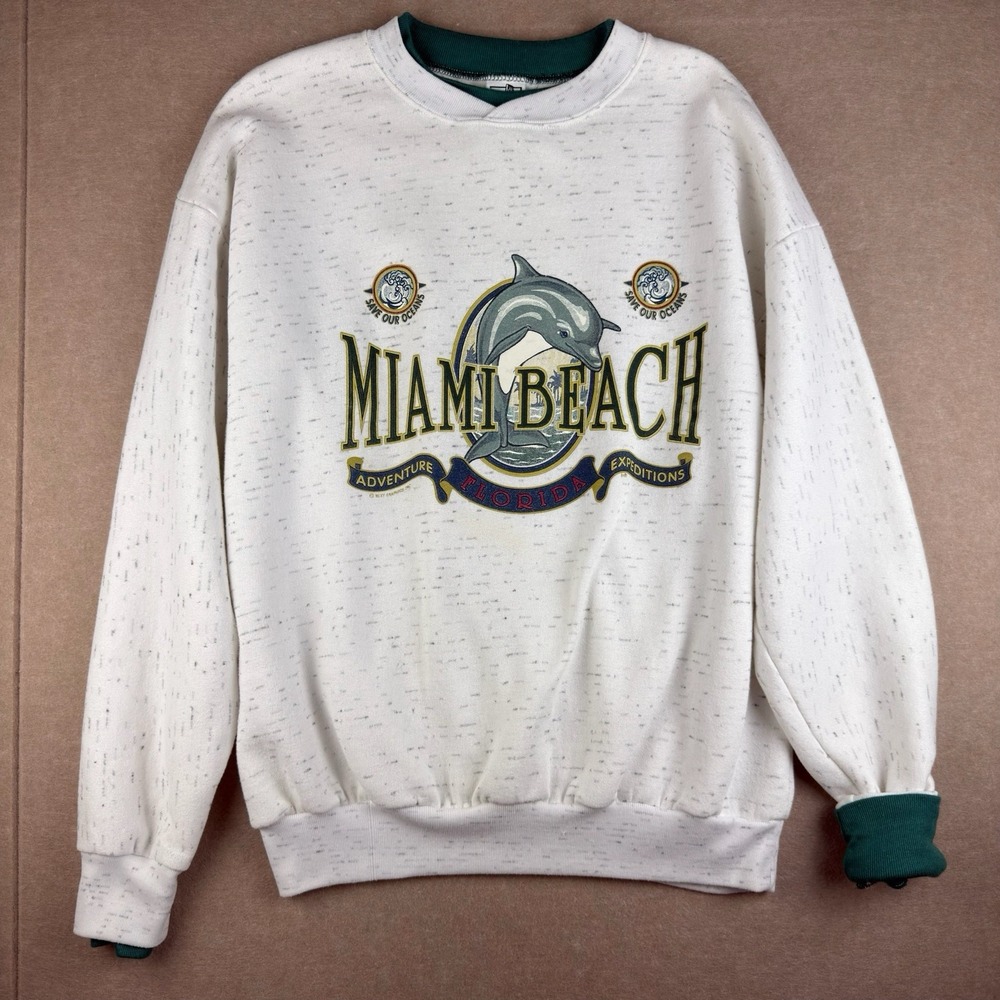 Vintage Bay‎ Bridge Sweatshirt Men's L White Miami Beach Dolphin Made in USA